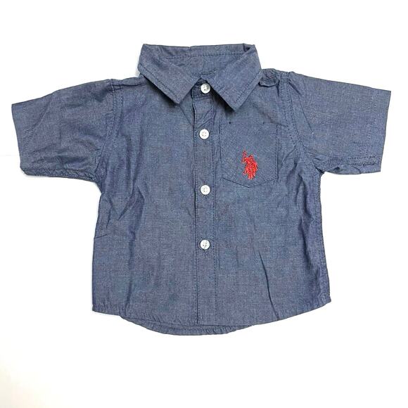 U.S. Polo Assn. Short Sleeve Button Down Shirt Blue Chambray Preppy Baby 3/6 Mos - Picture 1 of 5